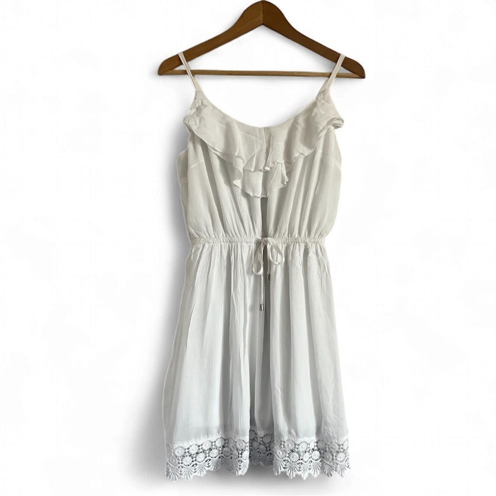 Dynamite White Ruffle Mini Dress with Lace Hem